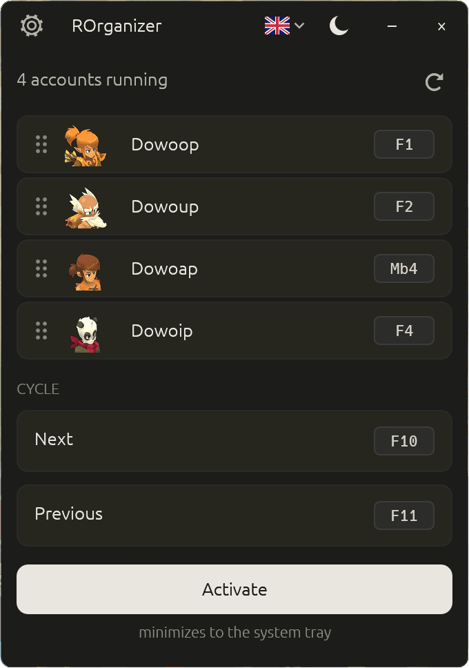 The ROrganizer window listing four detected Dofus accounts, each with its shortcut.