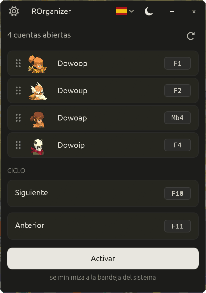 La ventana de ROrganizer con cuatro cuentas de Dofus detectadas, cada una con su atajo.